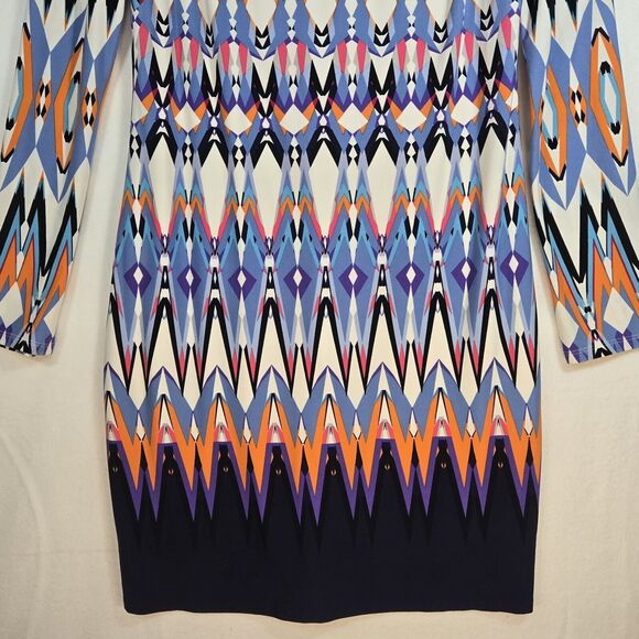 Vince Camuto Multicolor Blue Pink Orange Stretch Sheath Long Sleeve Dress Size 8 - Picture 3 of 14
